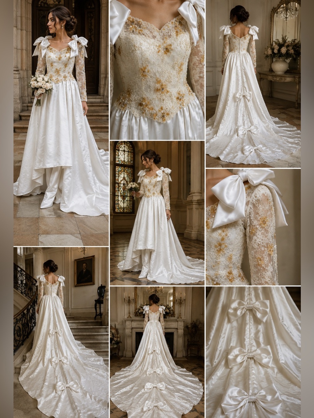 🤍 Vintage 80s Bridal Wedding Gown Beaded Lace Oversized Bows Cathedral Train